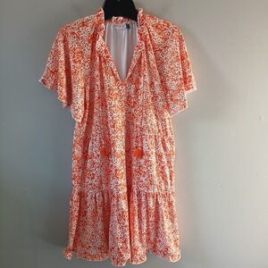 Cabana‎ Life Size S Orange Game Day Short Sleeve Tiered Dress Ruffle Hem Tassels